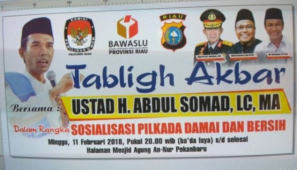 Sosialisasi Pilgub Riau Damai dan Bersih, Ustaz Abdul Somad Dihadirkan