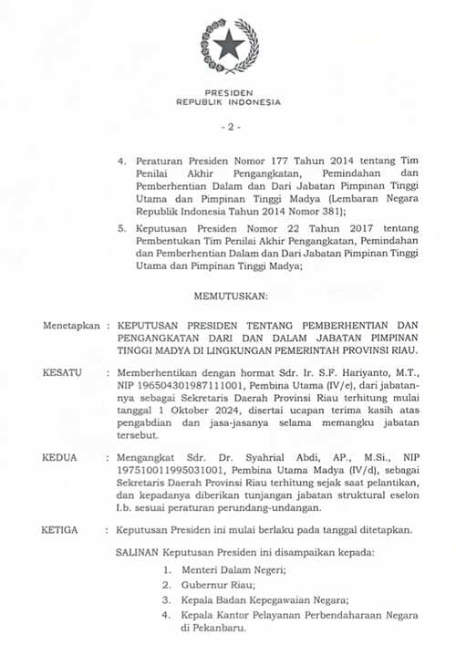Prabowo Subianto Teken Keppres, Syahrial Abdi Jadi Sekretaris Daerah Riau