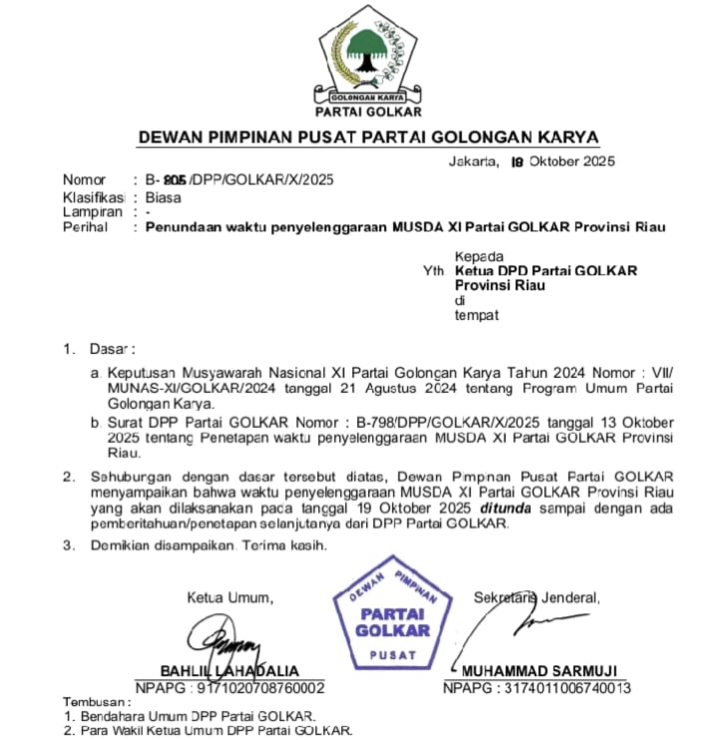 Surat DPP Golkar Tunda Musda XI Partai Golkar Riau yang Harusnya Digelar 19 Oktober 2025