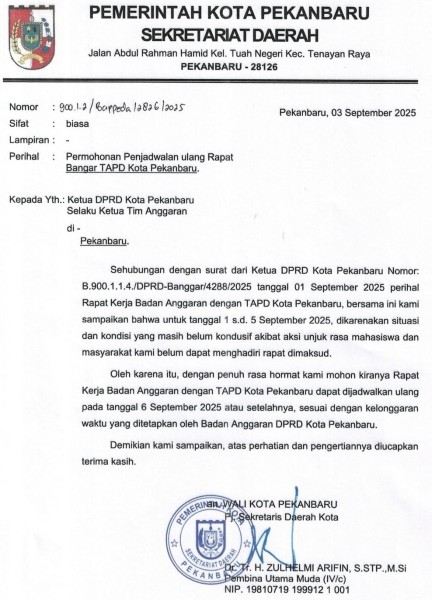 Dalih Situasi Tak Kondusif, Sekda Pekanbaru Tunda Rapat APBD Perubahan
