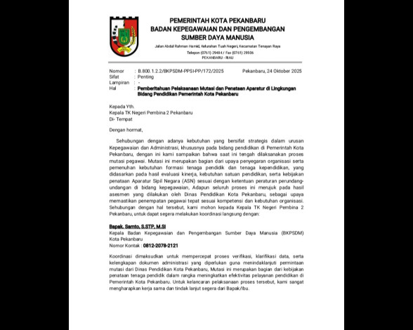 Surat Mutasi Guru Beredar Luas, Kepala BKPSDM Pekanbaru: Nomor dan Tanda Tangan Itu Palsu