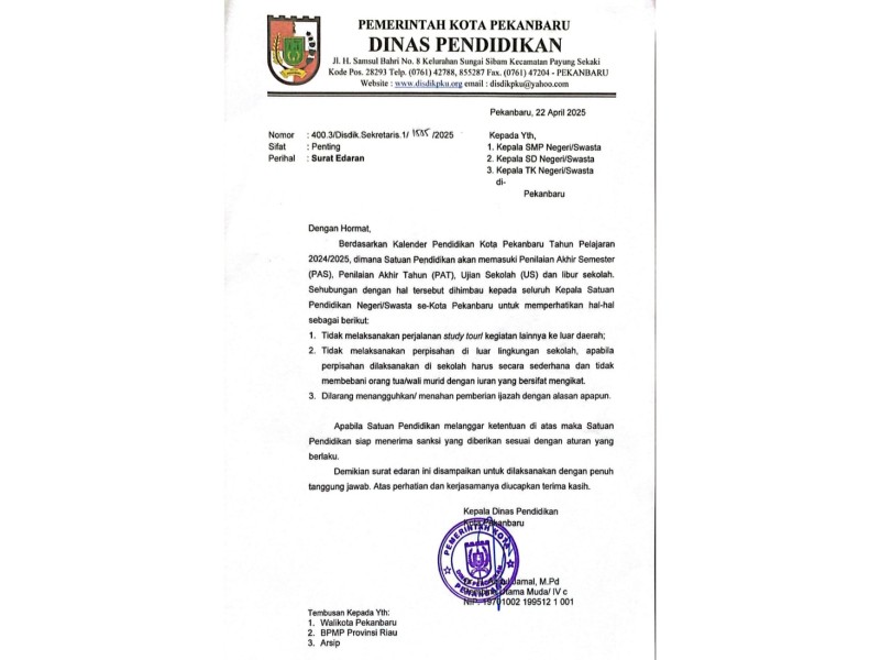 Perpisahan Sekolah Harus di Sekolah, Disdik Pekanbaru Keluarkan Edaran Baru