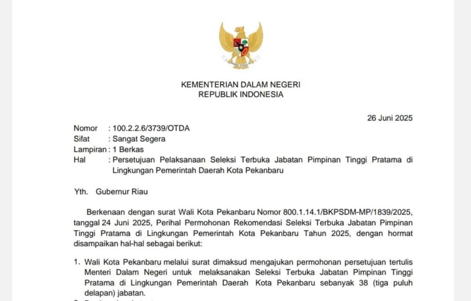 Kemendagri Restui Seleksi Terbuka 38 Jabatan Eselon II di Pemko Pekanbaru