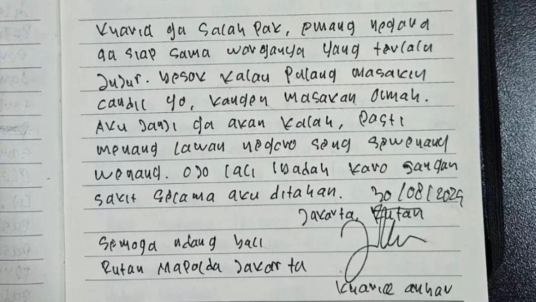 Mahasiswa Universitas Riau Khariq Anhar Ditahan di Polda Metro Jaya, Kirim Surat Haru untuk Keluarga