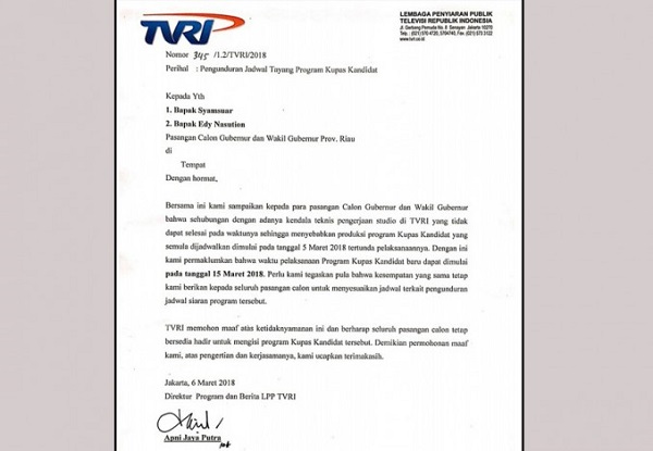 TVRI Sampaikan Permintaan Maaf ke Syamsuar-Edy Nasution