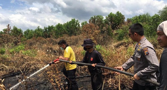 Melakukan Pemadaman Empat Hektar Lahan Terbakar Di Kecamatan Tampan